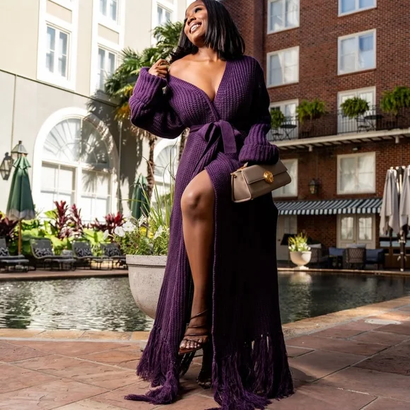 HANIFA MIYA KNIT CARDIGAN DRESS IN EGGPLANT /PLUM - Picture 9 of 11